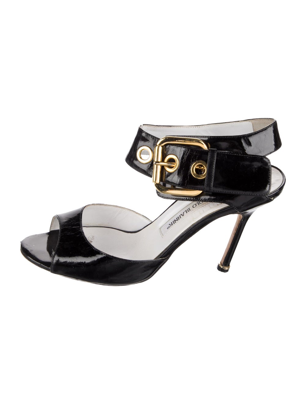 Manolo Blahnik Patent Leather Sandals Black Multistrap & Buckle Closure at Sides