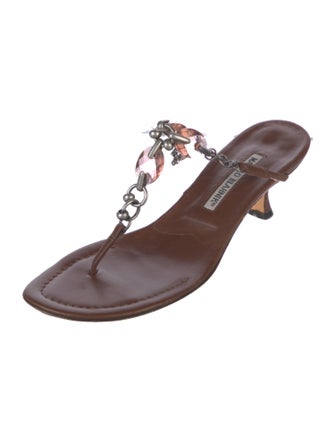 Manolo Blahnik Leather Floral Print T-Strap Sandals