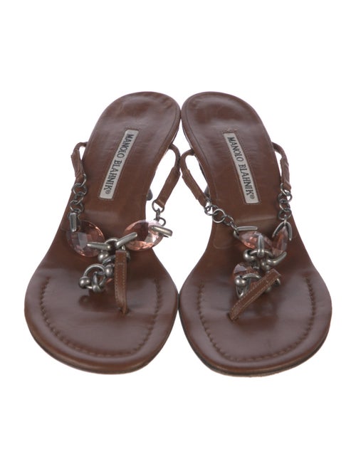 Manolo Blahnik Leather Floral Print T-Strap Sandals