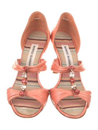 Manolo Blahnik Leather Crystal Embellishments T-Strap Sandals