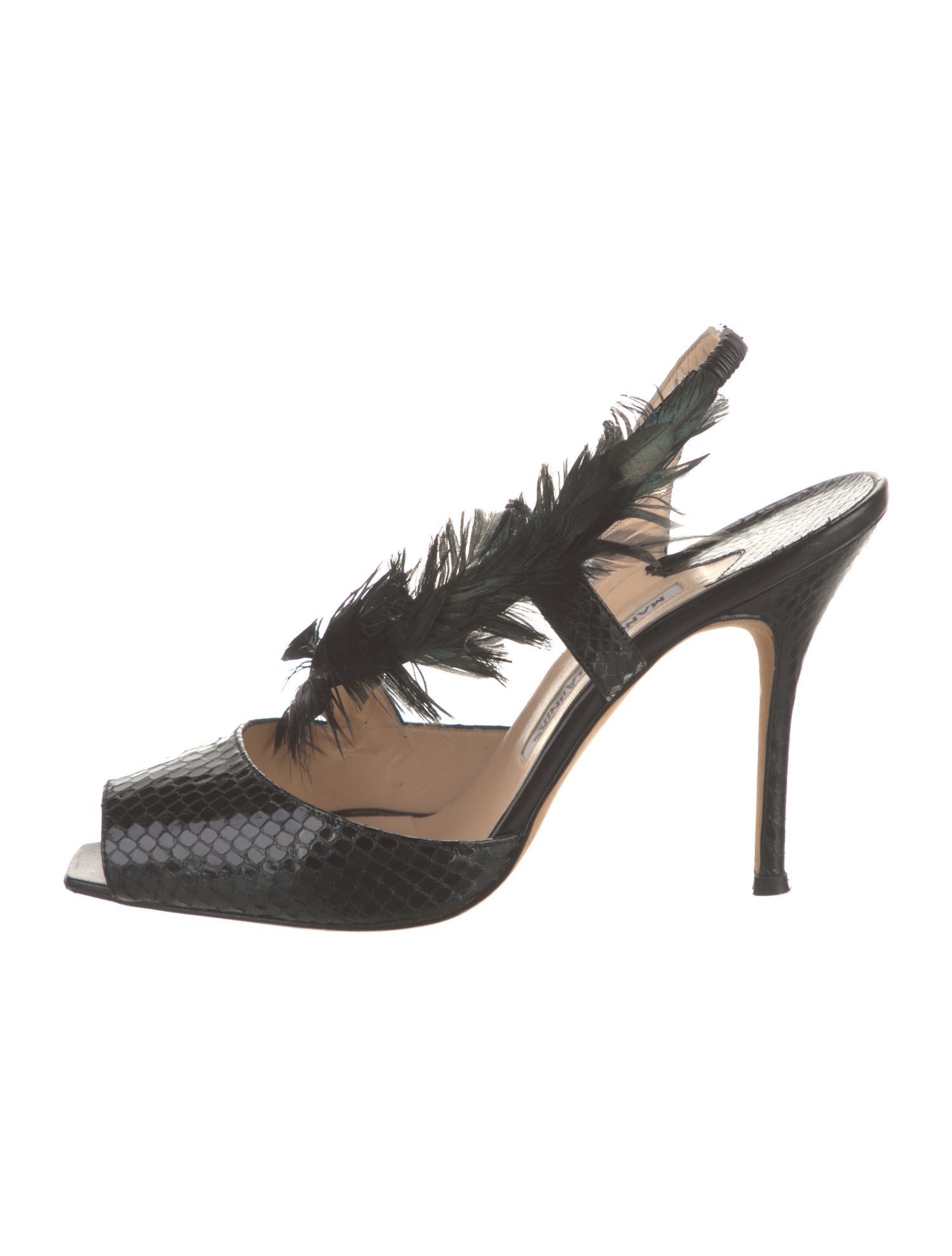 Manolo Blahnik Snakeskin Feather Trim Slingback Sandals