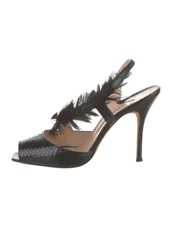 Manolo Blahnik Snakeskin Feather Trim Slingback Sandals