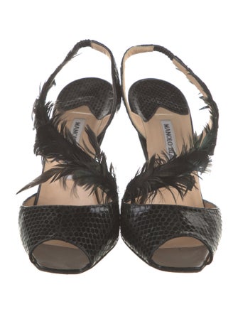 Manolo Blahnik Snakeskin Feather Trim Slingback Sandals