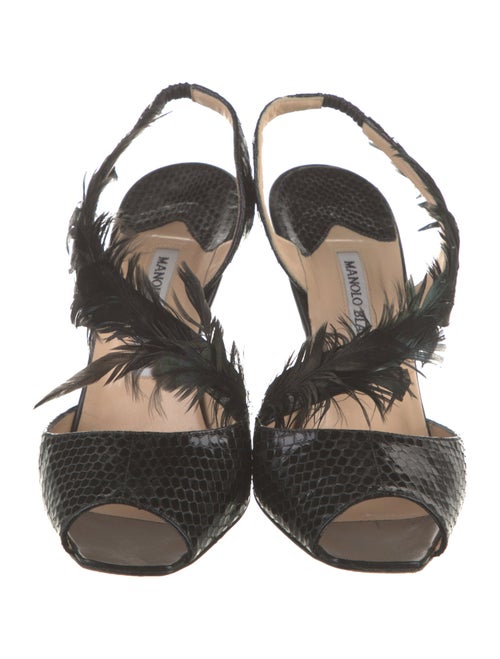 Manolo Blahnik Snakeskin Feather Trim Slingback Sandals