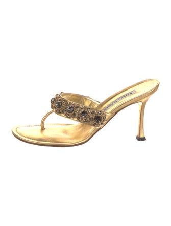 Manolo Blahnik Leather Crystal Embellishments Slides