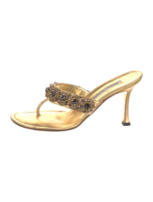 Manolo Blahnik Leather Crystal Embellishments Slides