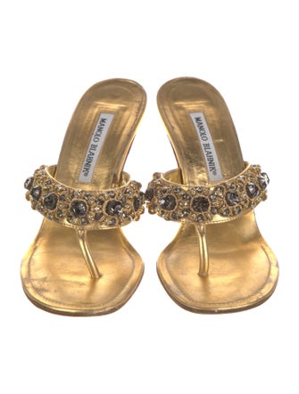 Manolo Blahnik Leather Crystal Embellishments Slides