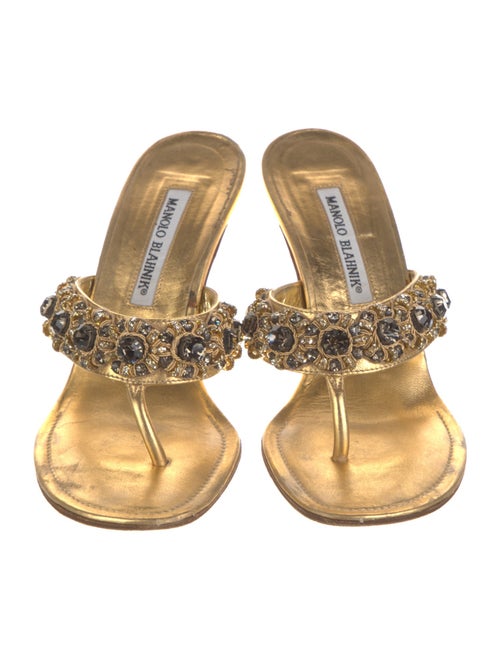 Manolo Blahnik Leather Crystal Embellishments Slides