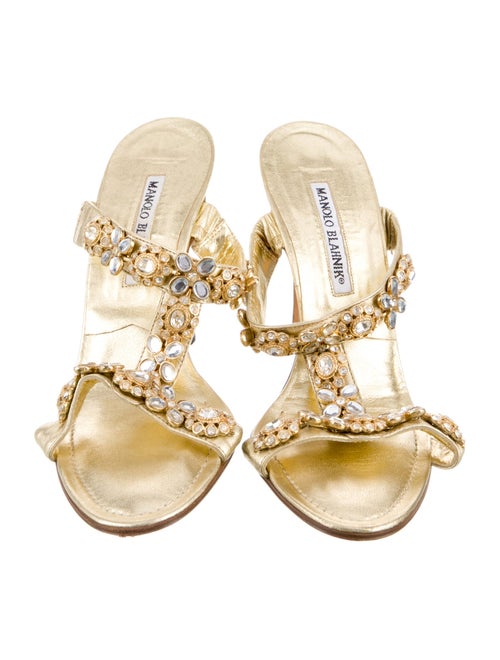 Manolo Blahnik Leather Crystal Embellishments Slides