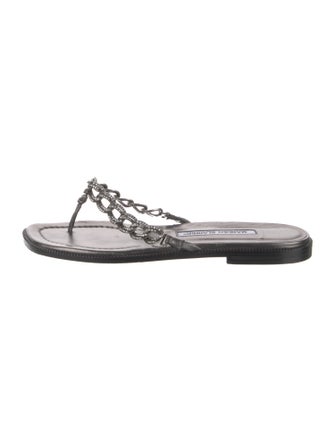 Manolo Blahnik Leather Chain-Link Accents Slides