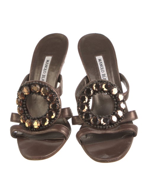 Manolo Blahnik Leather Crystal Embellishments Slides