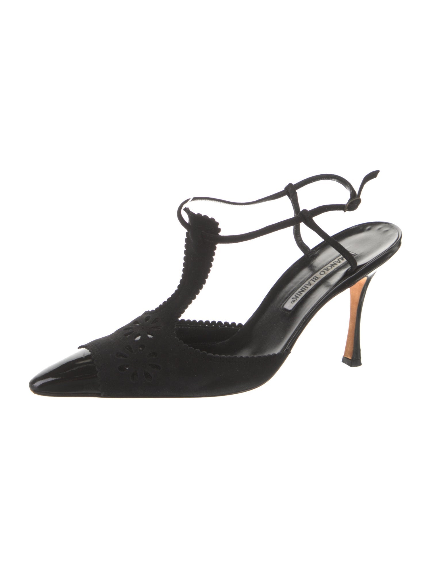 Manolo Blahnik Suede Cutout Accent T-Strap Pumps