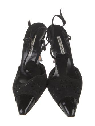 Manolo Blahnik Suede Cutout Accent T-Strap Pumps