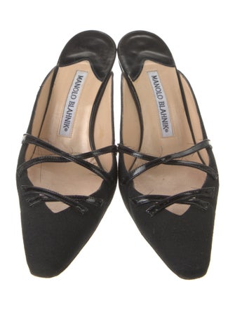 Manolo Blahnik Canvas Leather Trim Embellishment Mules