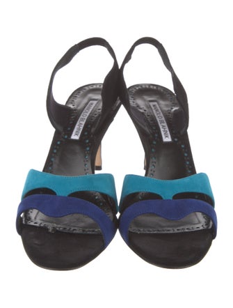 Manolo Blahnik Suede Colorblock Pattern Slingback Sandals
