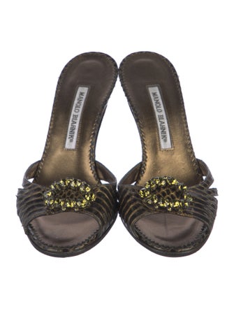 Manolo Blahnik Snakeskin Floral Print Slides