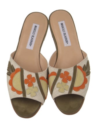 Manolo Blahnik Canvas Embroidered Accent Slides