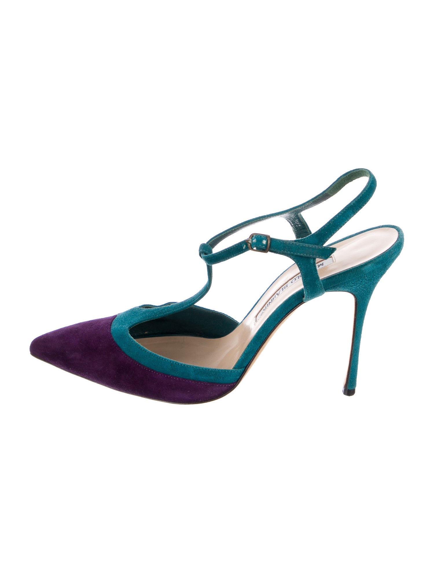 Manolo Blahnik Suede Colorblock Pattern T-Strap Pumps