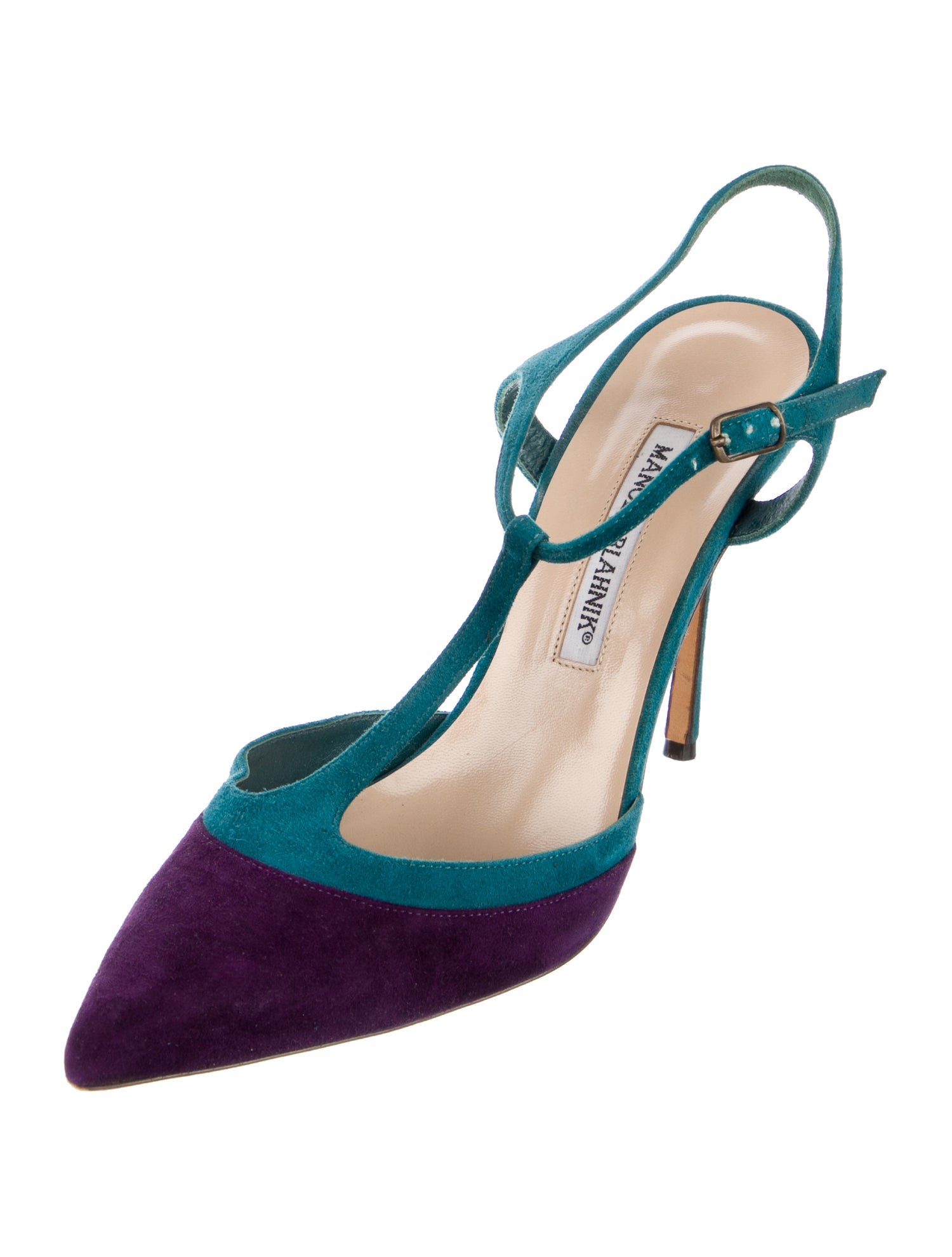Manolo Blahnik Suede Colorblock Pattern T-Strap Pumps