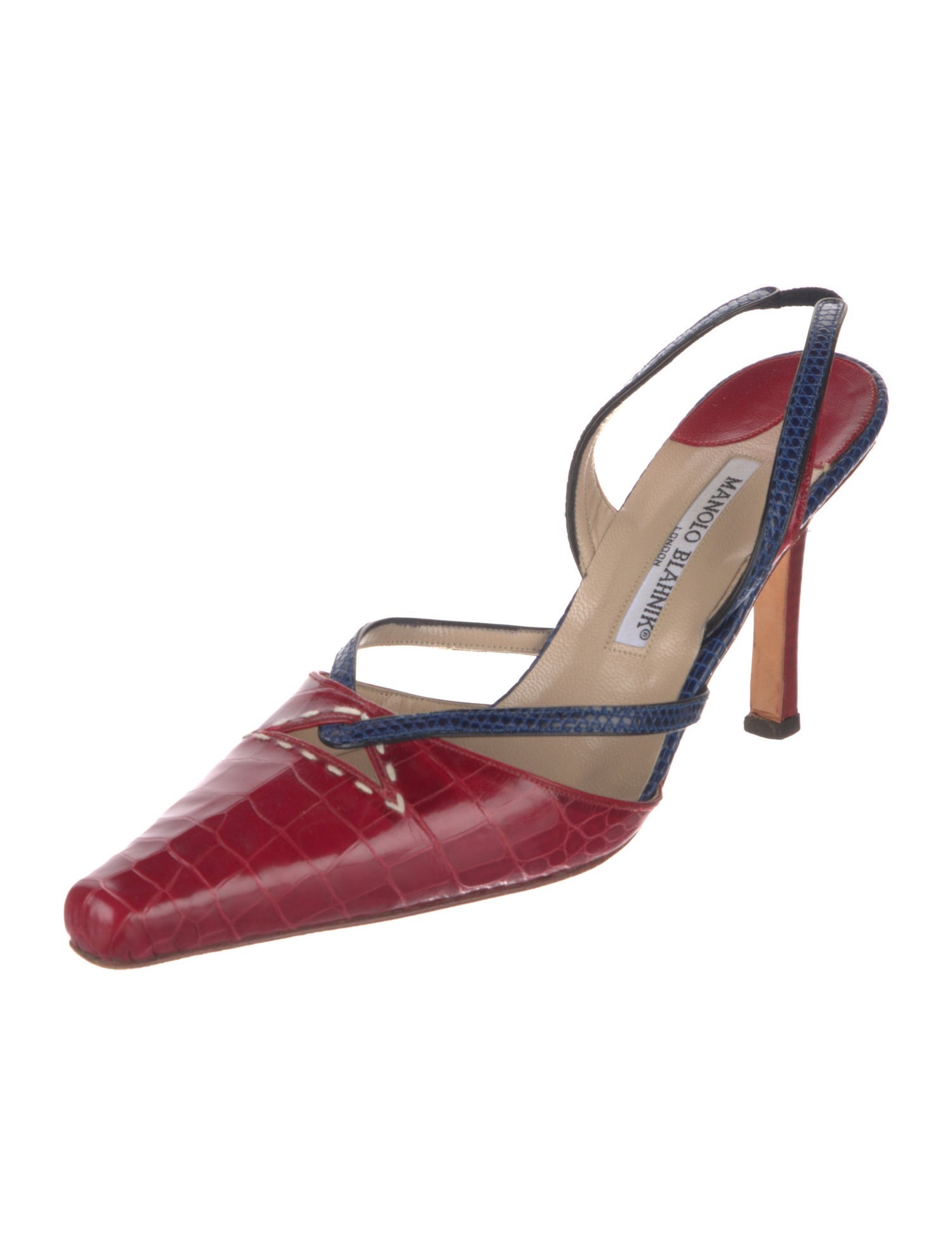 Manolo Blahnik Embossed Leather Colorblock Pattern Slingback Pumps