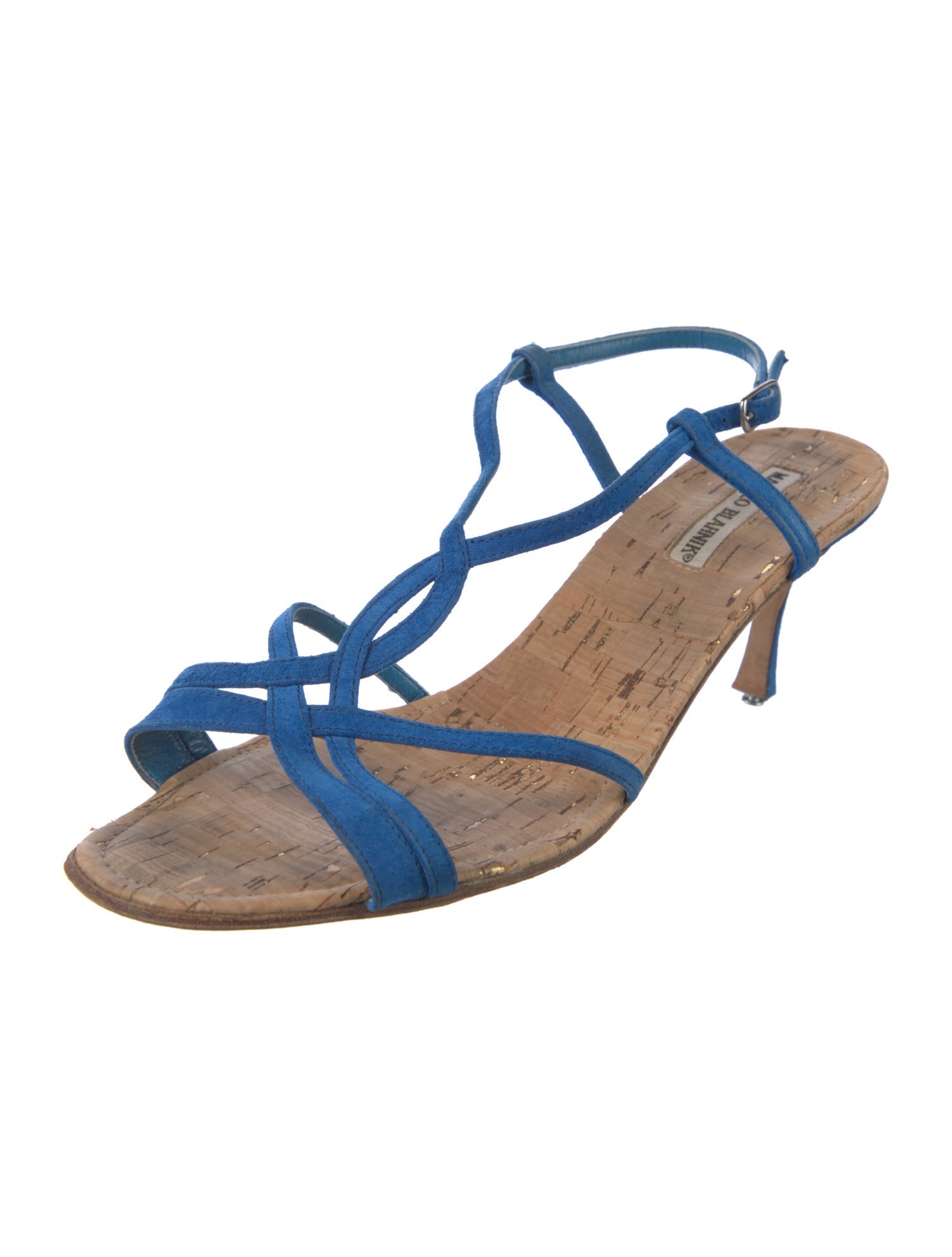 Manolo Blahnik Suede Colorblock Pattern T-Strap Sandals