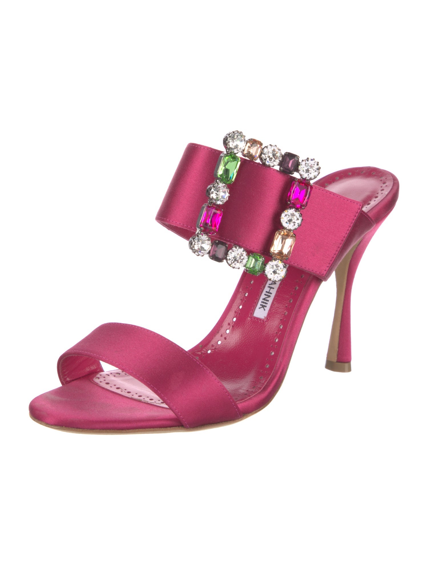 Manolo Blahnik Satin Crystal Embellishments Slides