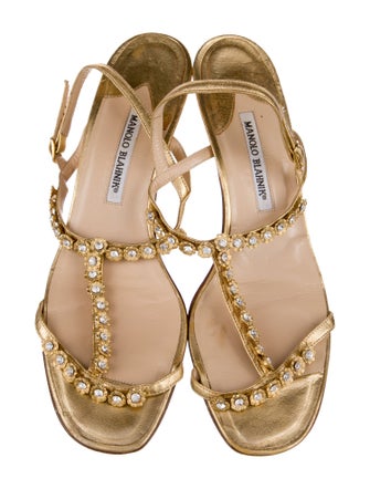 Manolo Blahnik Leather Crystal Embellishments T-Strap Sandals