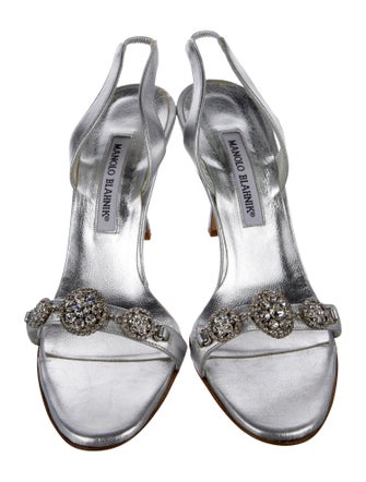 Manolo Blahnik Leather Crystal Embellishments Slingback Sandals