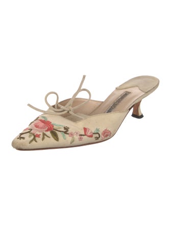 Manolo Blahnik Floral Print Embroidered Accent Mules
