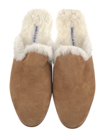 Manolo Blahnik Suede Fur Trim Mules