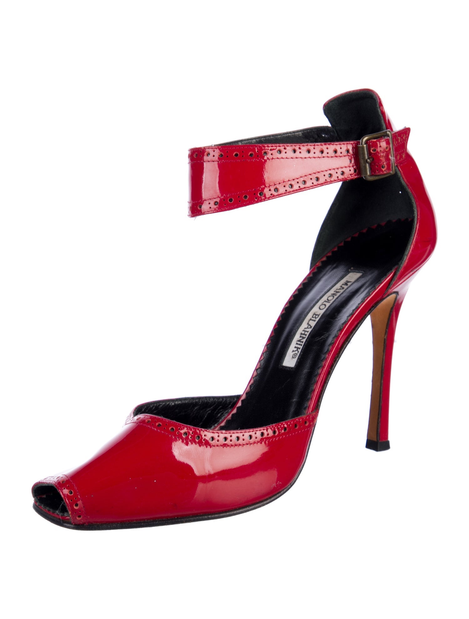 Manolo Blahnik Patent Leather Lasercut Accents Sandals