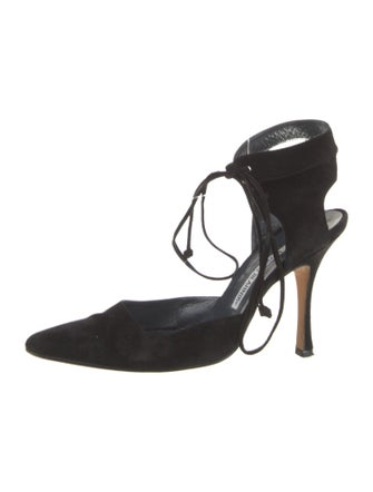 Manolo Blahnik Suede Cutout Accent T-Strap Pumps