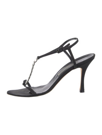Manolo Blahnik Satin Crystal Embellishments T-Strap Sandals