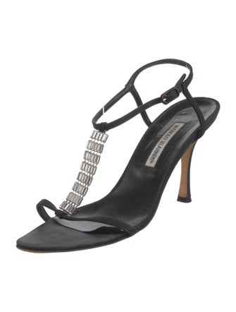 Manolo Blahnik Satin Crystal Embellishments T-Strap Sandals