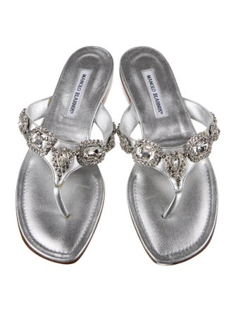 Manolo Blahnik Leather Crystal Embellishments Slides