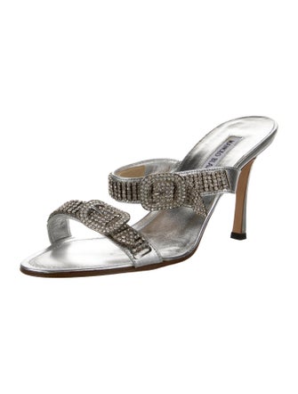 Manolo Blahnik Leather Crystal Embellishments Slides