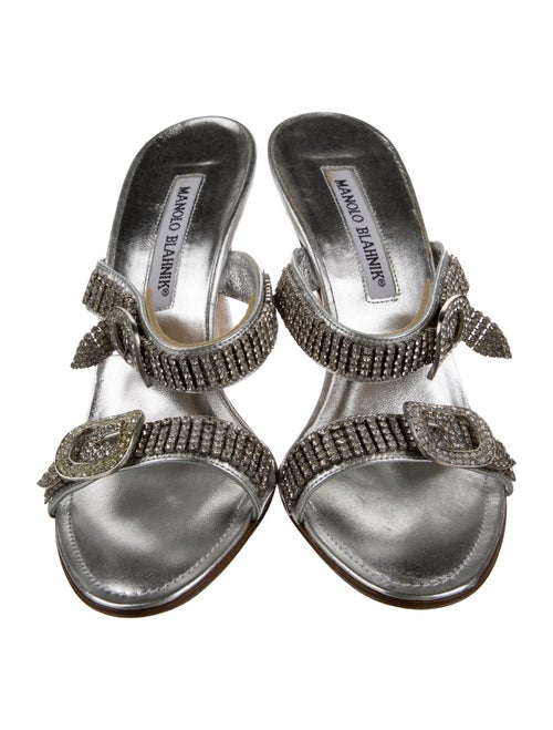 Manolo Blahnik Leather Crystal Embellishments Slides