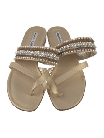 Manolo Blahnik Leather Beaded Accents Slides