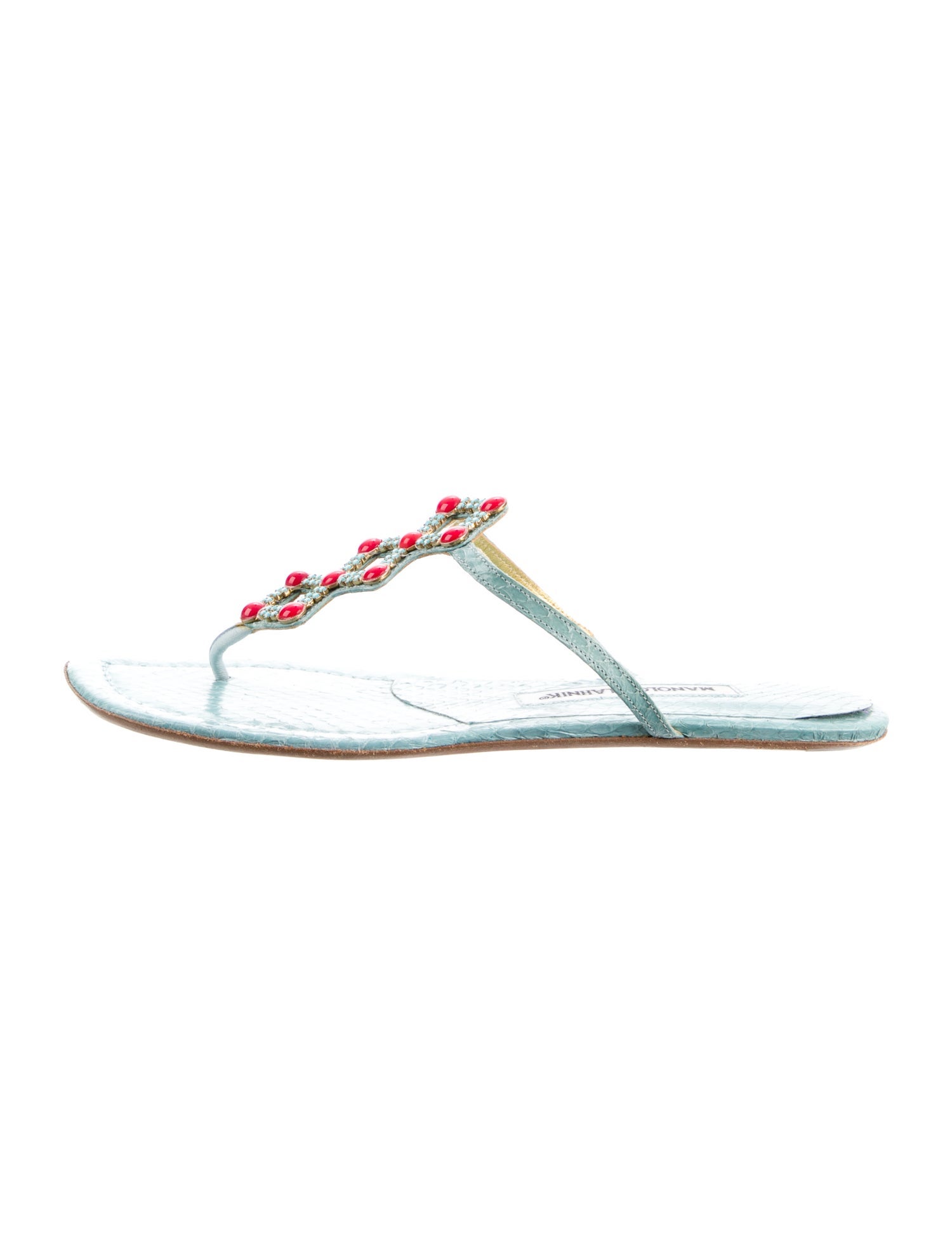 Manolo Blahnik Leather Beaded Accents Flip Flops