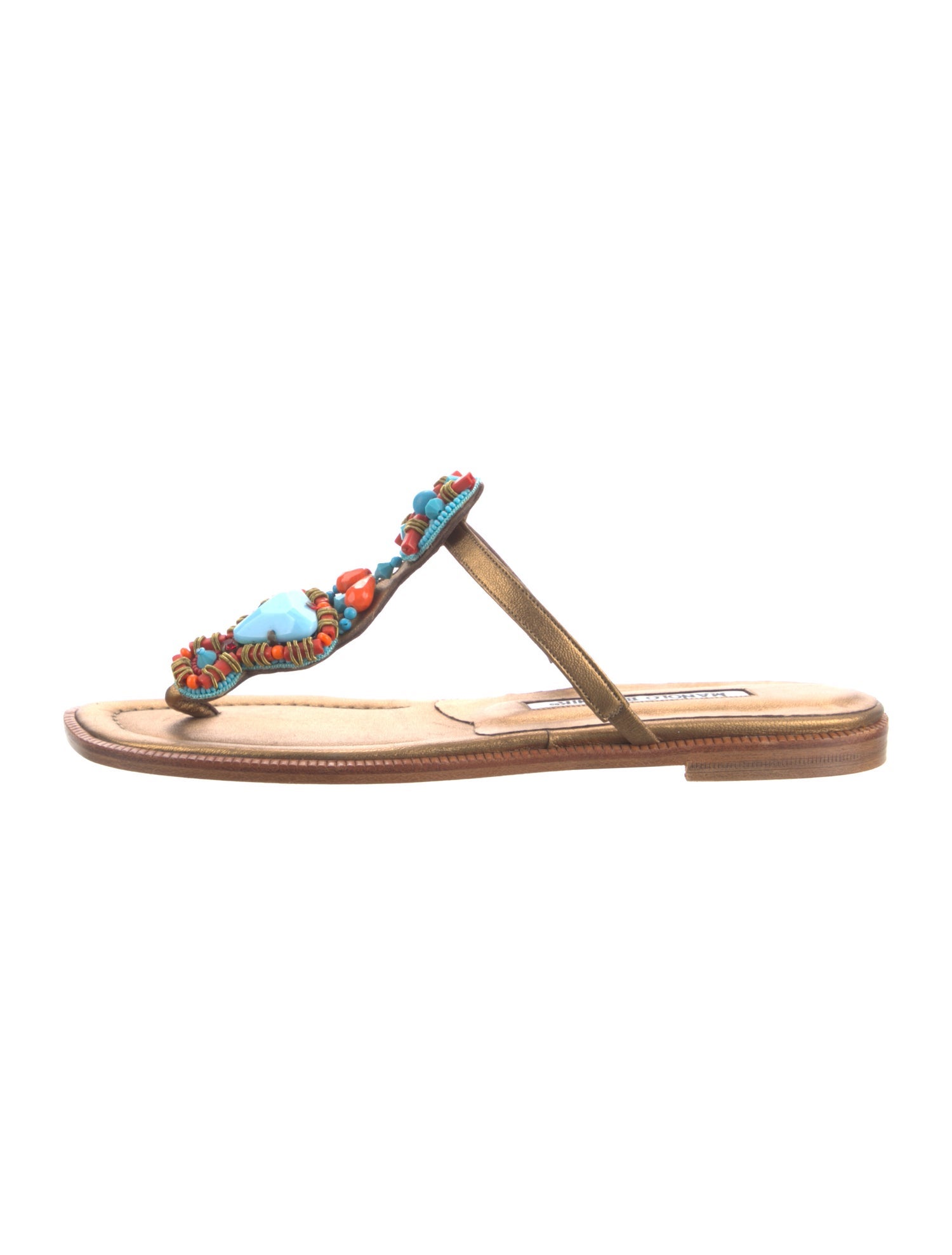 Manolo Blahnik Leather Beaded Accents T-Strap Sandals