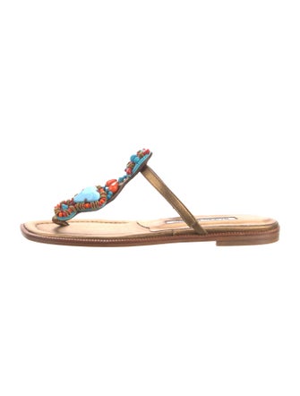 Manolo Blahnik Leather Beaded Accents T-Strap Sandals
