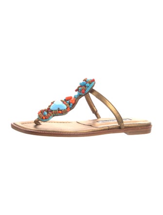 Manolo Blahnik Leather Beaded Accents T-Strap Sandals