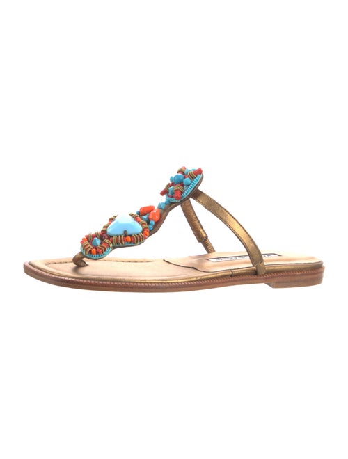Manolo Blahnik Leather Beaded Accents T-Strap Sandals