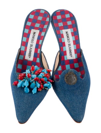 Manolo Blahnik Denim Beaded Accents Mules