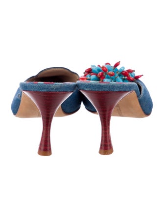 Manolo Blahnik Denim Beaded Accents Mules