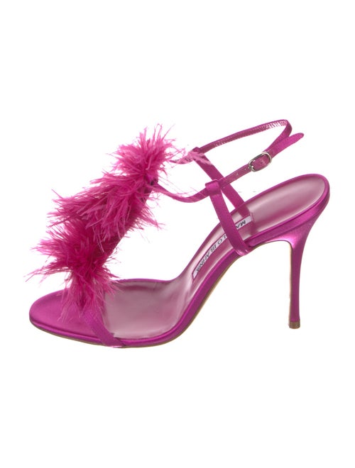 Manolo Blahnik Satin Feather Trim T-Strap Sandals