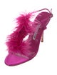 Manolo Blahnik Satin Feather Trim T-Strap Sandals