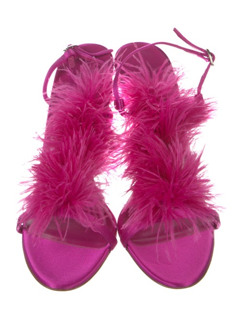 Manolo Blahnik Satin Feather Trim T-Strap Sandals