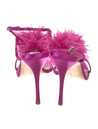 Manolo Blahnik Satin Feather Trim T-Strap Sandals