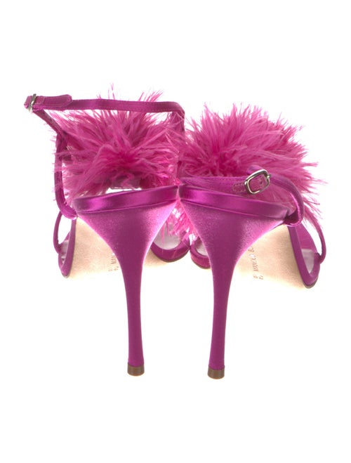 Manolo Blahnik Satin Feather Trim T-Strap Sandals